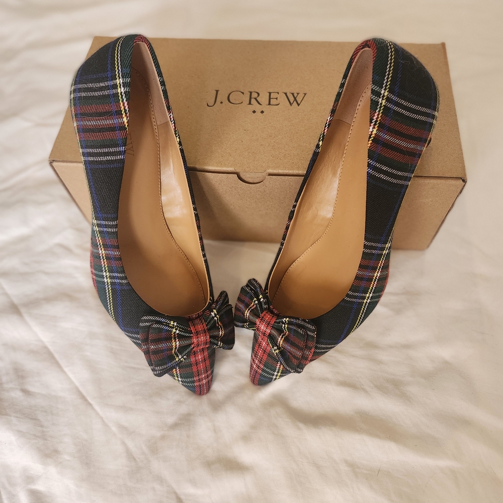 J. Crew Plaid Heels with Bow - Red and Black